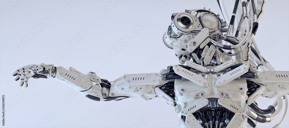 Poster white robotic structure with extended arm and intricate mechanical details in futuristic design, iso
