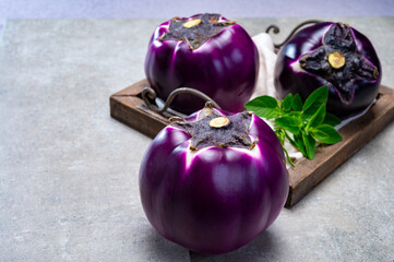 Fresh ripe sicilian purple globe eggplant vegetable ready to cook