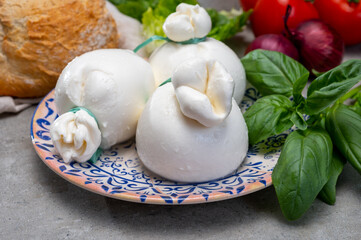 Cheese collection, fresh soft Italian cheese from Puglia, white balls of burrata or burratina cheese made from mozzarella and cream filling