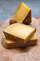 French cheese Comte, three varieties 1 year matured Prestige, fruity flavoured Fruite and Vieille Reserve