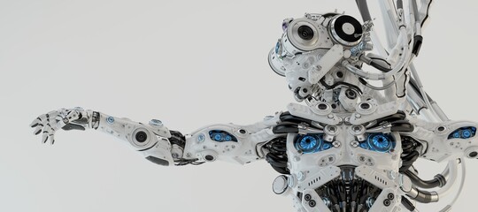 Close-up of futuristic humanoid robot with multiple blue eyes on chest and face, arm outstretched, isolated on white background

