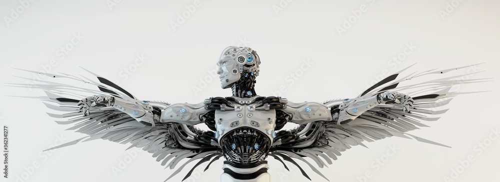 Poster futuristic humanoid robot with skeletal structure and mechanical wings outstretched, viewed from beh
