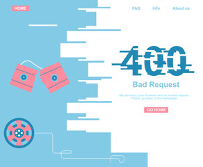 Fototapeta premium 400 system error. Bad or invalid request. Website template or banner. Broken videotape, cassette with clew of wire . Vector illustration in flat style. Technical problem with noise. Support service.