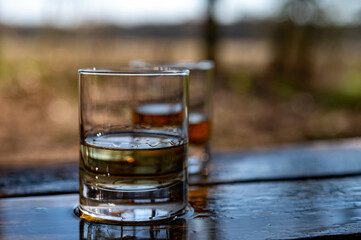 Tasting of scotch single malt whisky from Islay island, most intensely flavoured of all whiskies in Scotland