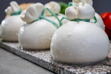 Cheese collection, fresh soft Italian cheese from Puglia, white balls of burrata or burratina cheese made from mozzarella and cream filling