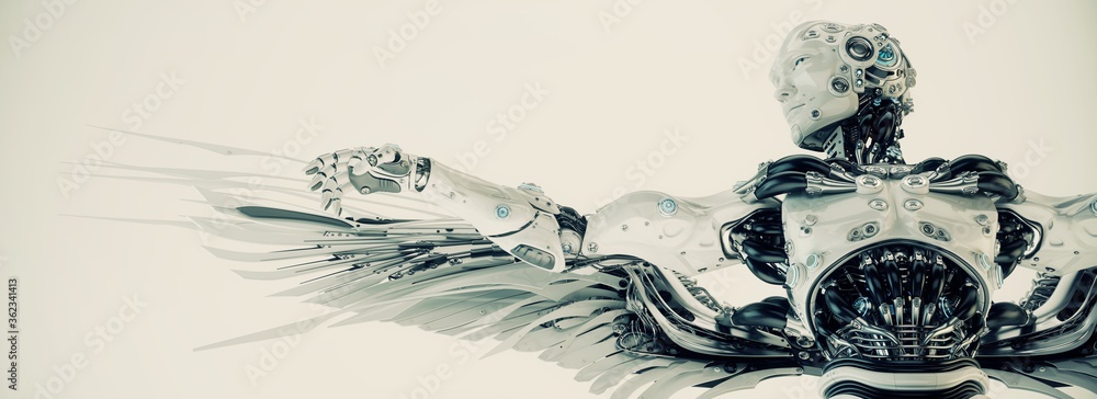 Poster metallic humanoid robot with skeletal frame and wings, viewed from behind with outstretched arm, gra
