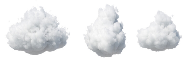 3d render. Abstract fluffy white clouds isolated on white background. Weather forecast symbol. Cumulus clip art collection. Sky design elements set - obrazy, fototapety, plakaty
