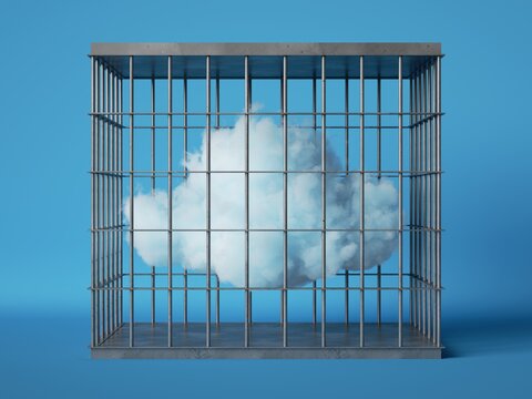3d render. Abstract white cloud locked inside square cage, isolated on blue background. Trapped concept