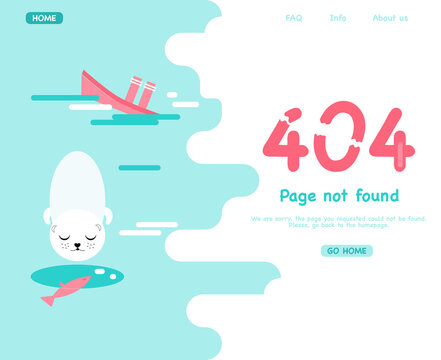 404 system error.Page not found.  Website template with fatal Error. Support service. Ice hole, seal and hooked fish. Sunk ship. Technical problems. Vector illustration in flat style