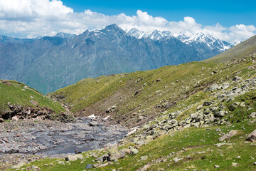 Fototapeta na wymiar Mount Kazbek (5047m) at Gergeti Glacier. a famous landscape in Kazbegi, Mtskheta-Mtianeti, Georgia.