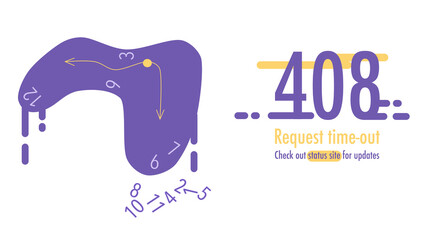408 error. Request time-out. Need to update page. Banner or website with system fatal error.Support service. Melted clock wit missed numbers. Technical problems. Vector illustration in flat style