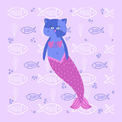 Cute mermaid cat on a background with fish. Vector illustration in cartoon style. Hand drawing.