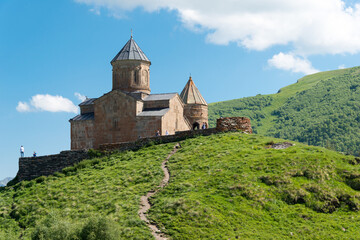 Gergeti Trinity Church on Kazbegi National Park in Kazbegi, Mtskheta-Mtianeti, Georgia.