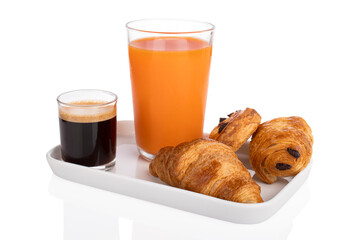 French breakfast, coffee, orange juice, croissant, chocolate croissant and raisin bread on white background
