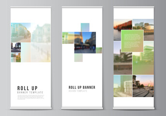 Vector layout of roll up mockup design templates for vertical flyers, flags design templates, banner stands, advertising design mockups. Abstract project with clipping mask green squares for your
