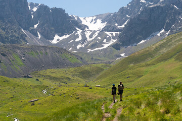 Fototapeta na wymiar Juta valley near Caucasus mountain. a famous landscape in Kazbegi, Mtskheta-Mtianeti, Georgia.