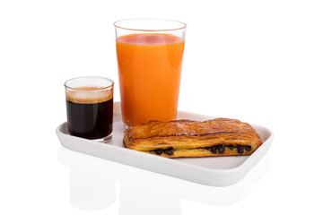 French breakfast, Swiss bread coffee, orange juice croissant on white background
