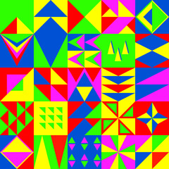 Bright background in neo geo style. Geometric pattern in vivid summer colors. Vector wallpaper with triangles of different shapes. 