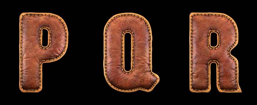 Set of leather letters P, Q, R uppercase. 3D render font with skin texture isolated on black background.