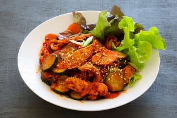 Stir fried with pork and vegetables sprinkle sesame seeds