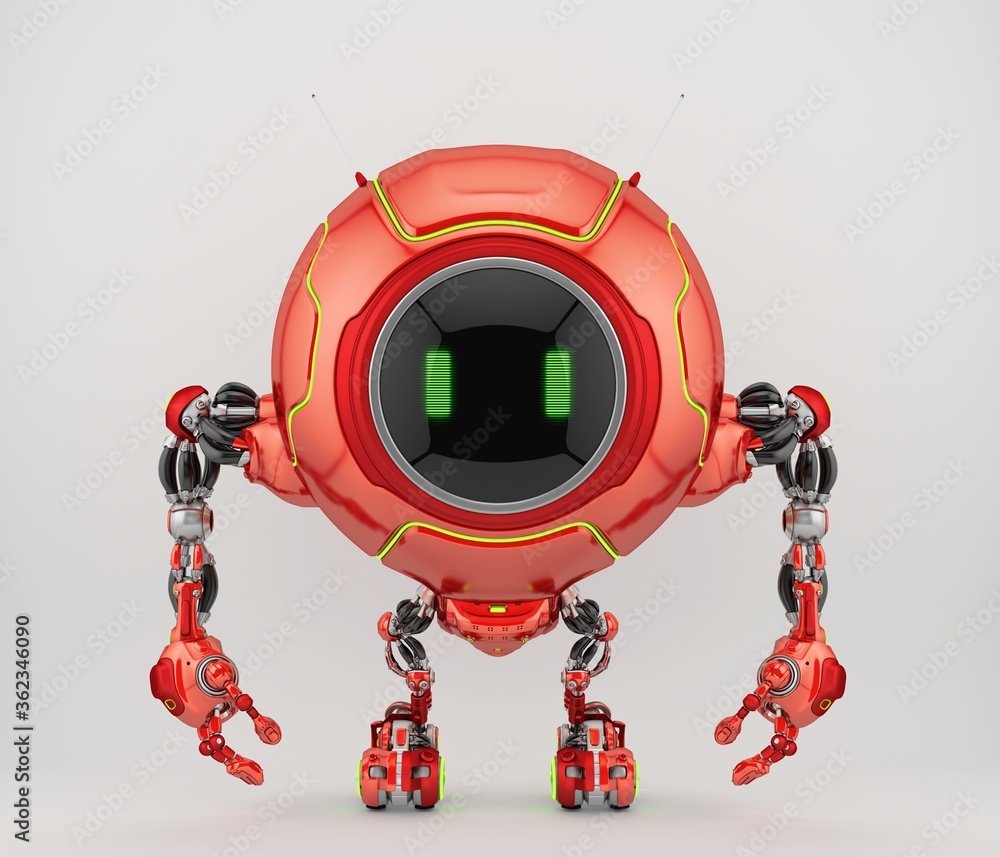 Poster lovely red robotic creature de-bot with round ball body, 3d rendering