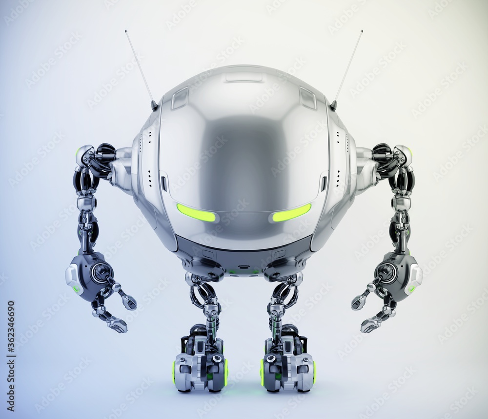 Poster iobot – grey-silver futuristic robotic ufo creature with squinted narrow eyes , 3d rendering in fron