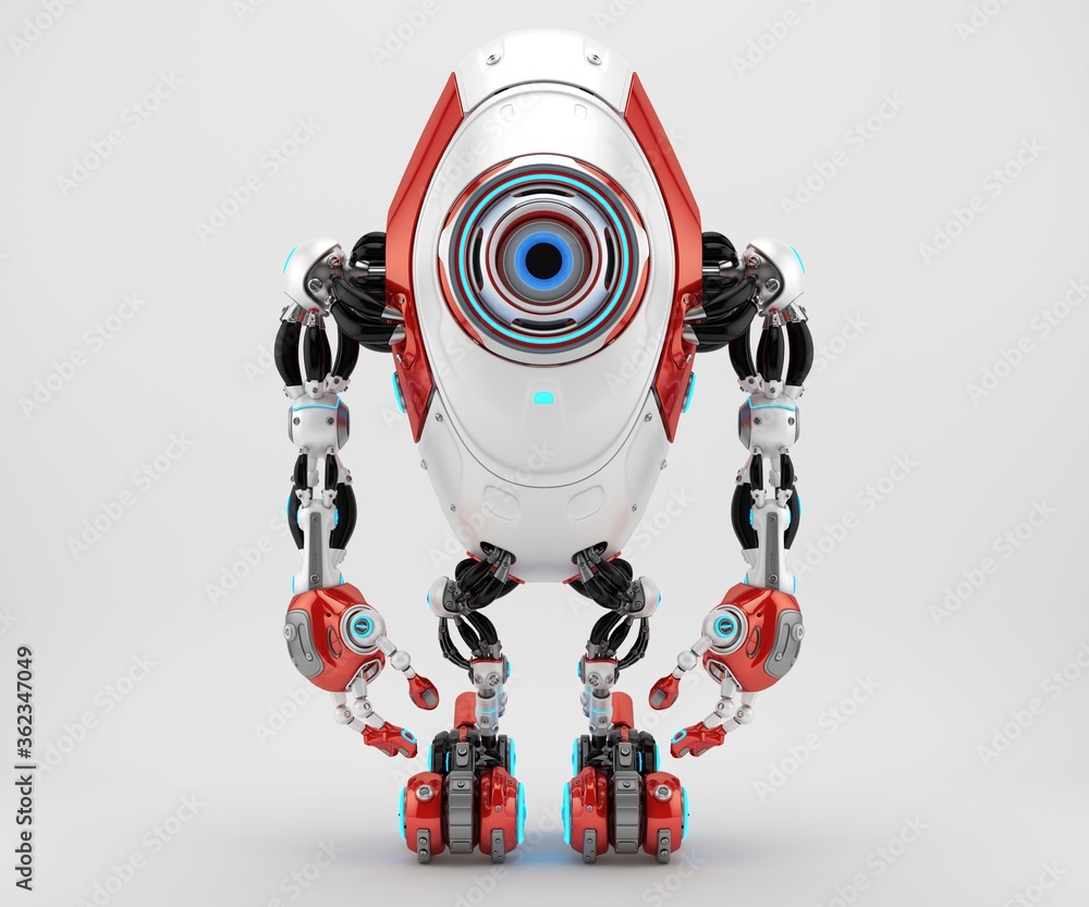 Poster sleek white-red long robotic beetle with one big eye camera in frontal pose, 3d rendering