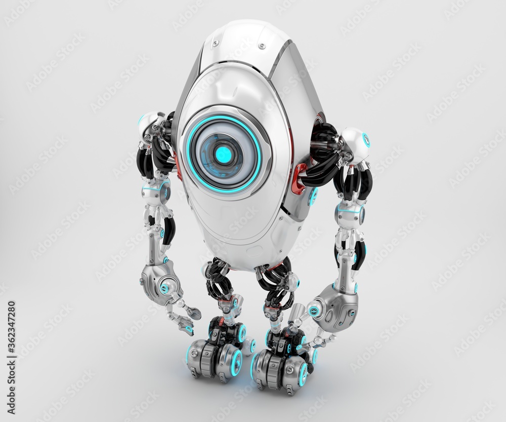 Poster sleek long robotic beetle with one big eye camera in frontal pose, slightly upper view, 3d rendering
