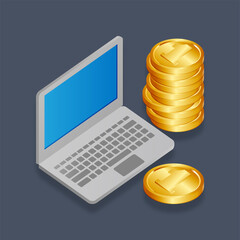 Graphic mall, Laptop income, Isometric 3D illustration.