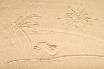 Draw car, sun, pam tree on beach sand. Car rental concept. Insurance. Travel. Summer time. Creative