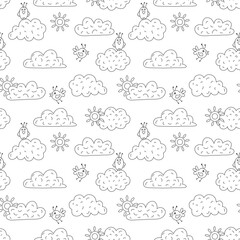Cute seamless pattern with birds, clouds and sun in black and white colors. Colored cartoon background for children 