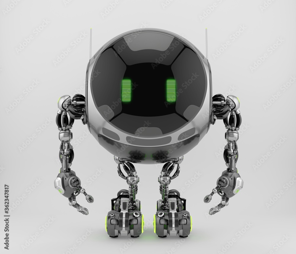 Poster turbot – robotic ufo character with big circle digital face and lovely green eyes. 3d rendering