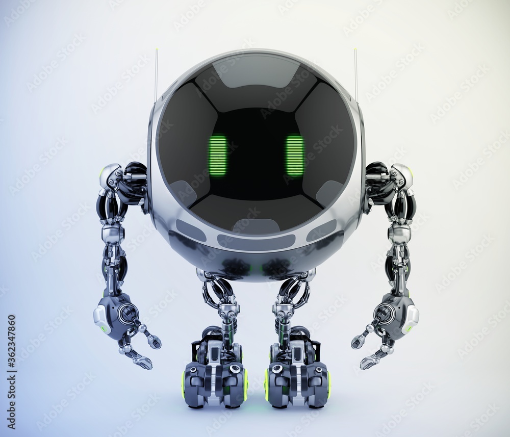 Poster turbot – robotic ufo character with big circle digital face and lovely green eyes. 3d rendering