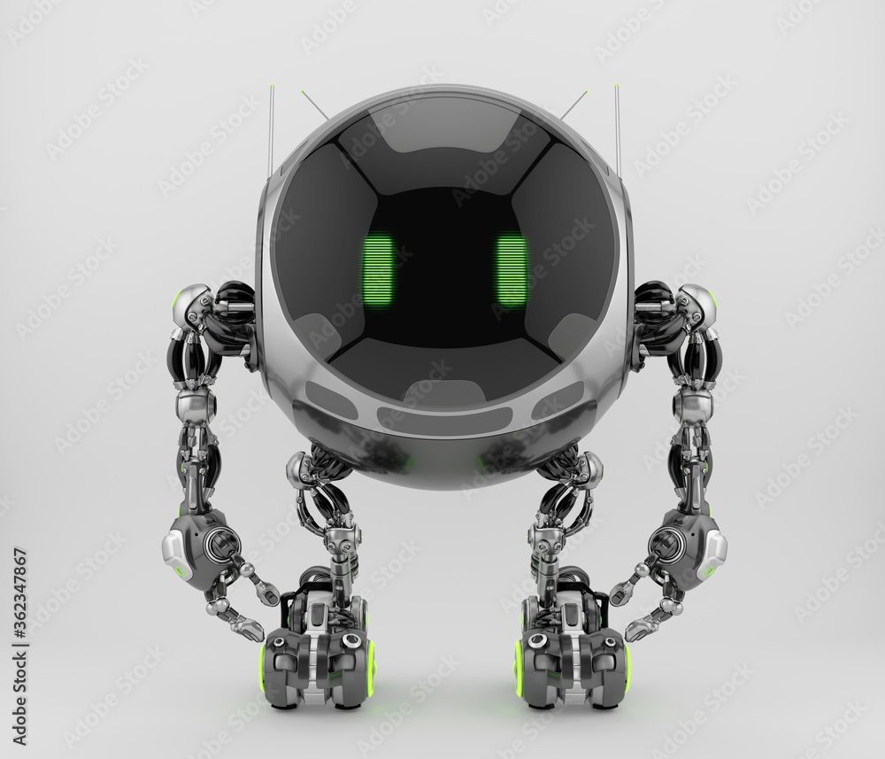 Poster turbot – robotic ufo character with big circle digital face and lovely green eyes. 3d rendering