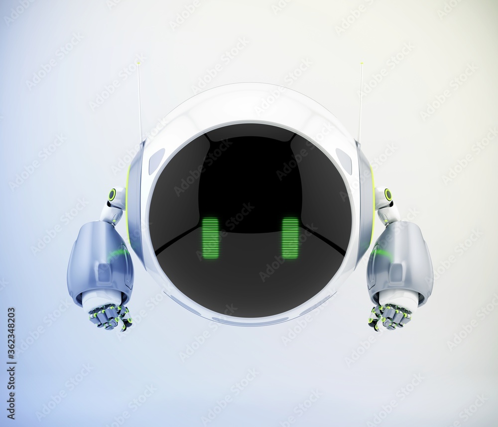 Poster aerial round robotic turbot character with big circle digital face and green eyes, 3d rendering