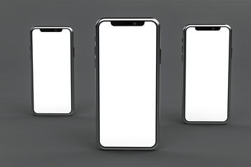 3D Rendering of technology and business concept. Smartphones with blank screen on black background. Copy space.