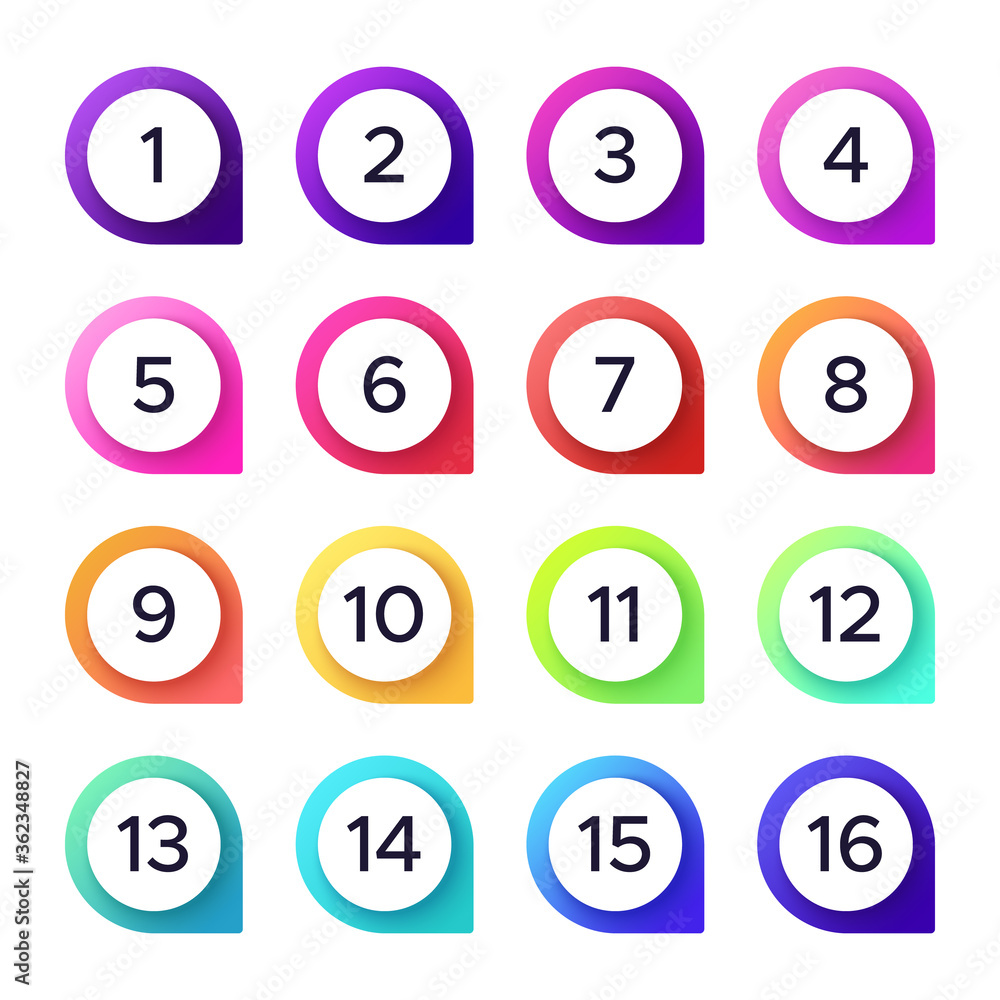 Poster colorful numbers. vector set of number pointer for direction on map, counting order point with arrow