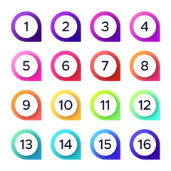 Colorful numbers. Vector set of number pointer for direction on map, counting order point with arrows illustration