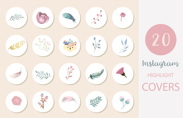 Icon of instagram highlight cover with flower, feather, leaf for social media