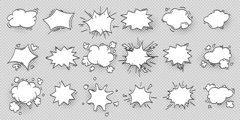 Comic speech bubbles collection. Vector bubble speech and cloud in pop art comic style for text, blank cartoon discussion illustration