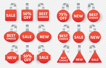 Red sales tags wobblers with text. Vector collection tag sale, label discount promotion, price sticker and advertising illustration