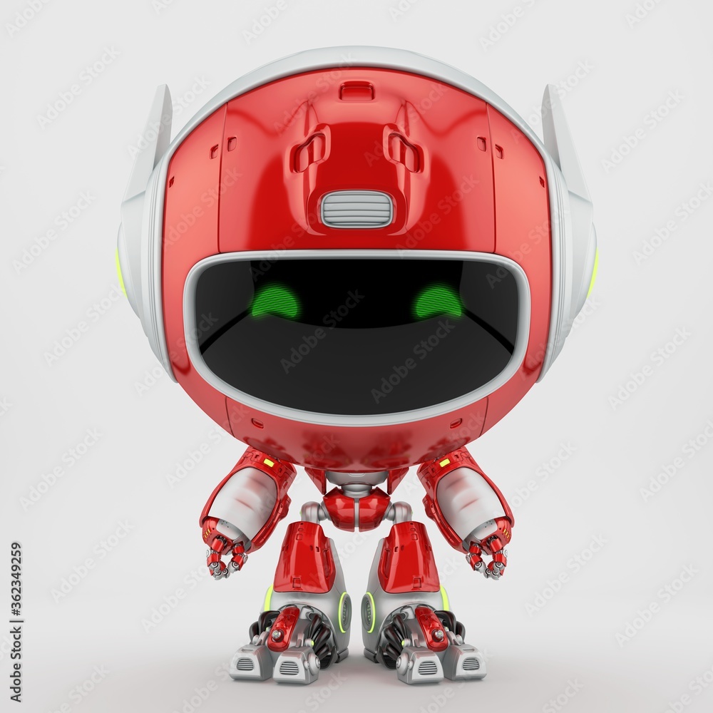 Poster deep red robot pr manager, unusual robotic character with funny prick-ears, 3d rendering