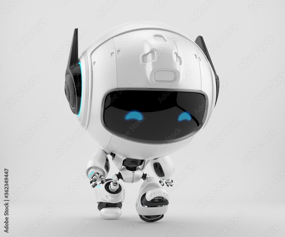 Poster black and white robot pr manager, unusual robotic character with funny prick-ears, 3d rendering of w