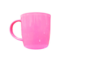 pink plastic cup with water drop on white background