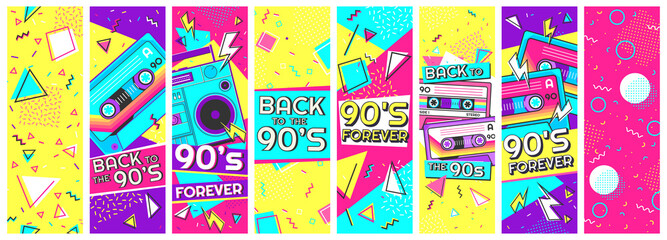 Retro 90s banner. Nineties forever, back to the 90s and pop memphis background banners vector illustration set. Trendy fashion nineties, decoration party 90s - obrazy, fototapety, plakaty