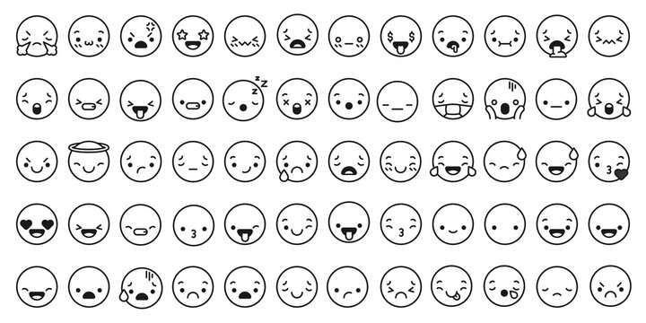 Face expressions icons. Line kawaii face expression japanese anime character. Emotion smile, kiss and cry, angry vector chat linear set. Face cartoon character, expression smile cheerful illustration