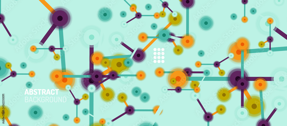 Poster flat style geometric abstract background, round dots or circle connections on color background. tech
