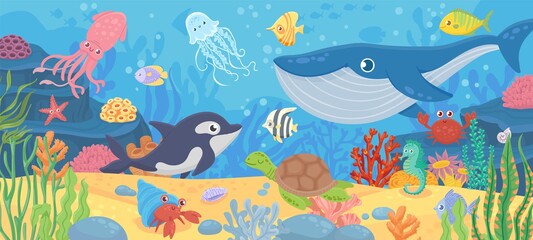 Naklejka na ściany i meble Underwater ocean life. Dolphin, exotic fishes and crab, squid. Bottom seaweeds, sea turtle and marine reef animals. Cartoon vector seascape with reef and sea animal tropical illustration