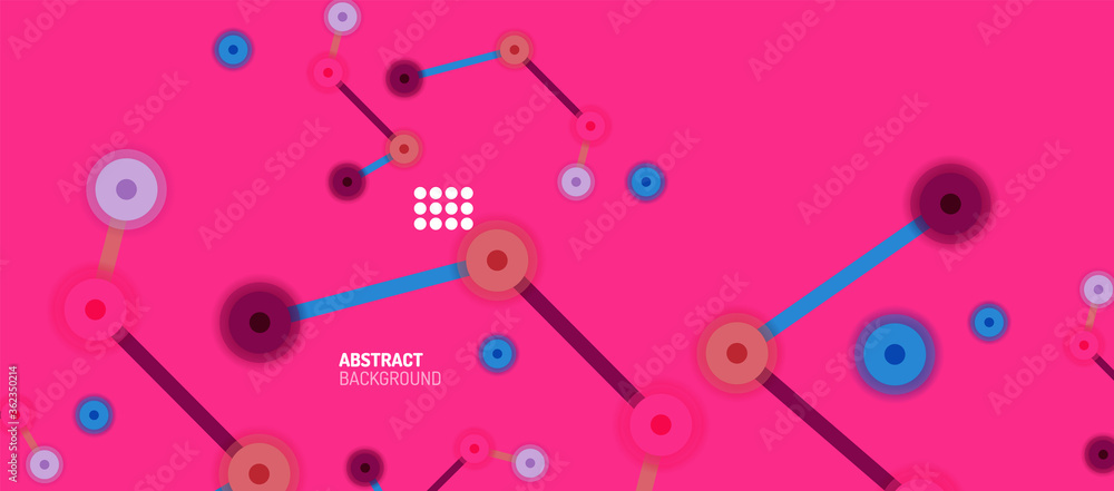 Poster flat style geometric abstract background, round dots or circle connections on color background. tech