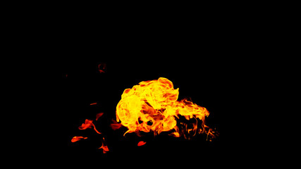 Fire flames on black background isolated. Burning gas or gasoline burns with fire and flames. Flaming burning sparks close-up, fire patterns. Infernal glow of fire in the dark with copy-space